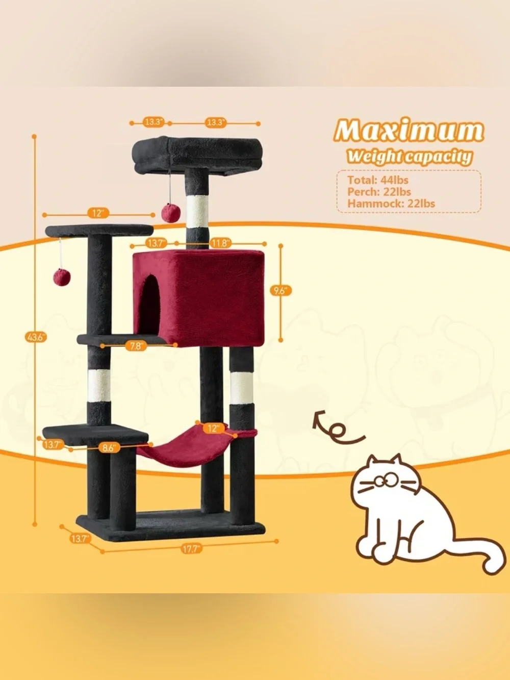 Brand New Plush Multi-Level Cat Tree with Red Hideaway and Black Perches